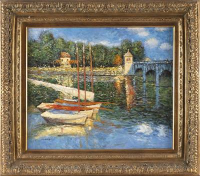 Sailboats moored in a river.
