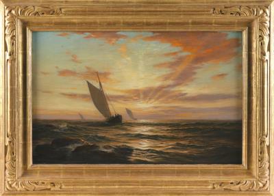 Three Vessels Sailing Under Dramatic Sunset Skies