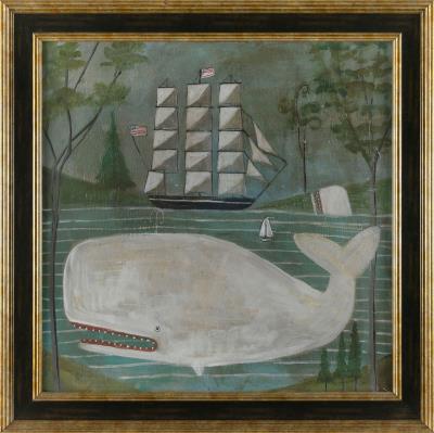 Folk art scene of ships and whales in a harbor