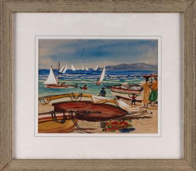 Busy shoreline scene of figures and boats
