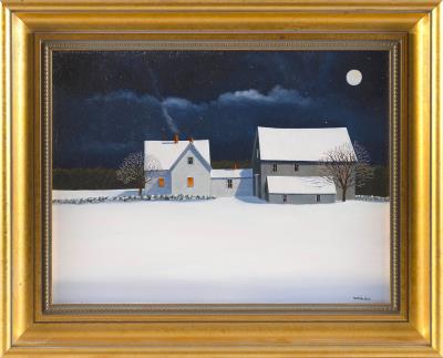 Nightfall over a snow-covered farm