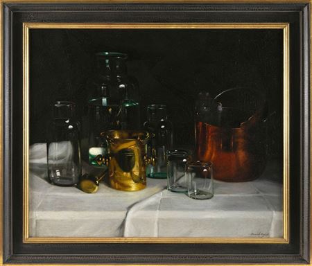 Tabletop still life of glass, brass and copper.