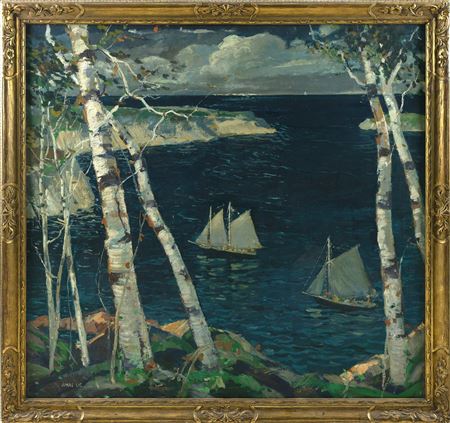 Birches overlooking sailboats in a cove.