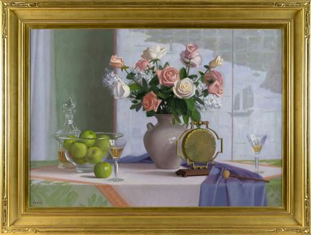 Tabletop still life with a bouquet of roses, a bowl of green apples, a gong and glasses of claret.