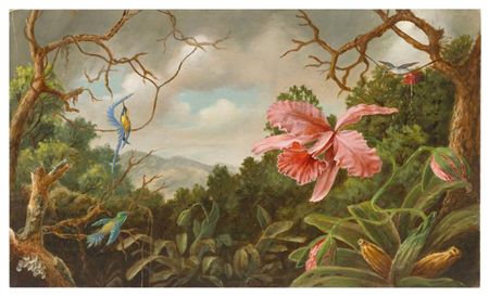 Hummingbirds, in the style of Martin Johnson Heade