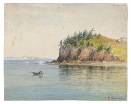 Skiff off a coastal lighthouse
