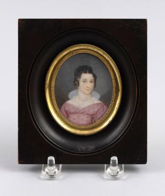 Portrait miniature of a young woman wearing a pink dress with a ruffled collar
