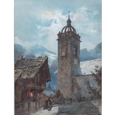 Night View with the Church of Chambéry in the Swiss Alps