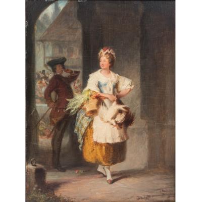 Maid after lavish market shopping looks at a soldier standing behind her