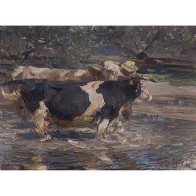 Farmer with two cows at the riverbank