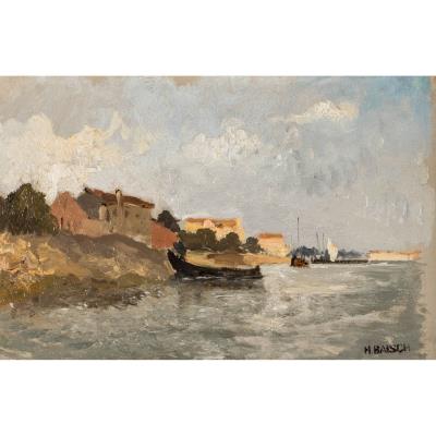 River Landscape with Boats and Houses on a Steep Bank