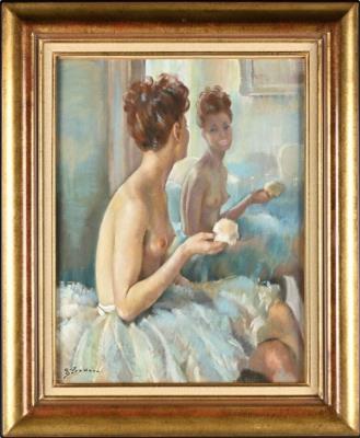 Dancer powdering herself in front of a mirror