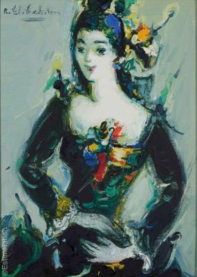 Portrait of an elegant woman in a black dress with a flowery headdress by Robert Elibekian - Auction record, sale price, and art valuation. Compare with similar artists and explore comparable artworks.