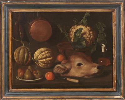 Still life with melons, plate with pears, calf's head and cauliflower