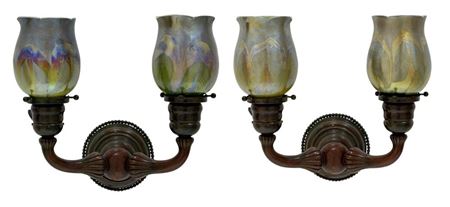 Pair of Two-Light Sconces with "Pulled Feather" Shades