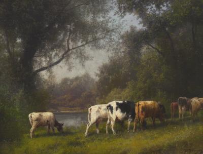 Pastoral Landscape, Cows by Water's Edge