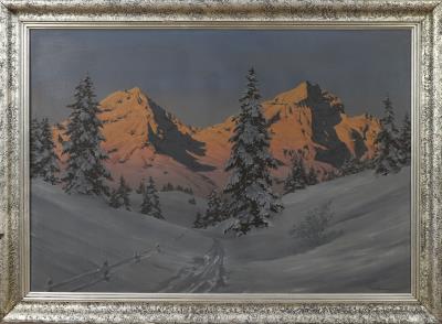 Snowy mountain landscape by Hans Smatlak Barma - Auction record, sale price, and art valuation. Compare with similar artists and explore comparable artworks.