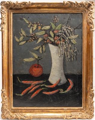 Mid-20th Century Modern Abstract Still Life with Flowers, Chilis and Apple