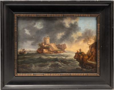 Dramatic Stormy Sea Scene with Castle on Rocky Island