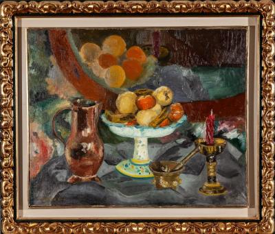 Still Life with Jug, Fruit Bowl, Mortar and Candle by Menchu Gal - Auction record, sale price, and art valuation. Compare with similar artists and explore comparable artworks.