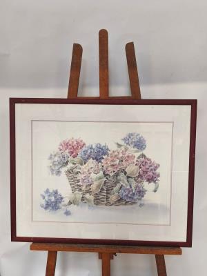 Basket with hydrangea bouquet by Caren Heine - Auction record, sale price, and art valuation. Compare with similar artists and explore comparable artworks.