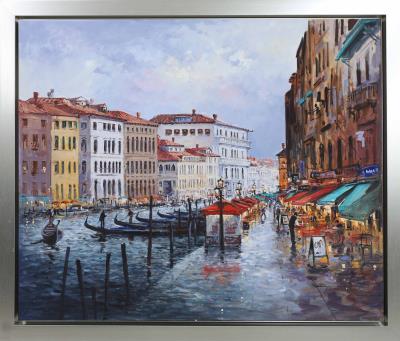 Venetian Canal scene with Figures and Gondolas, other figures beside cafes in the foreground