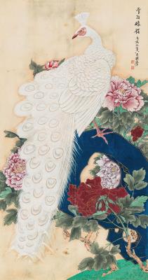 WHITE PEACOCK WITH BLOOMING FLOWER by Huang Dufeng - Auction record, sale price, and art valuation. Compare with similar artists and explore comparable artworks.