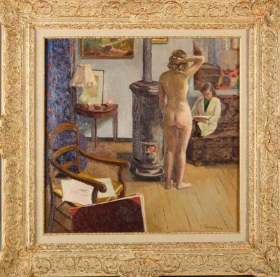 Female nude in front of the stove