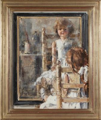 Portrait of a doll looking at herself