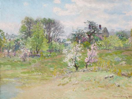 Pasture with Flowering Trees and Sheep