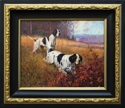 Setter and pointer alert in fall landscape