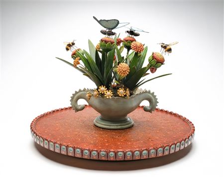 Carved wooden Vase and Flower Motif