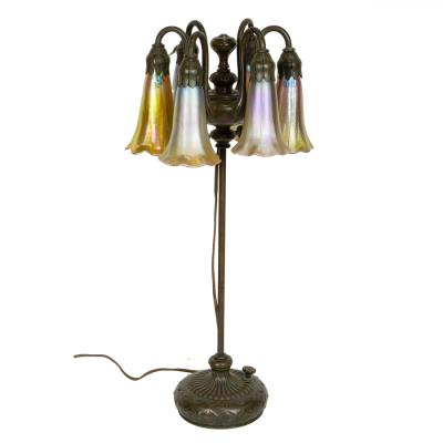 Six-light lily adjustable lamp with Favrile glass shades