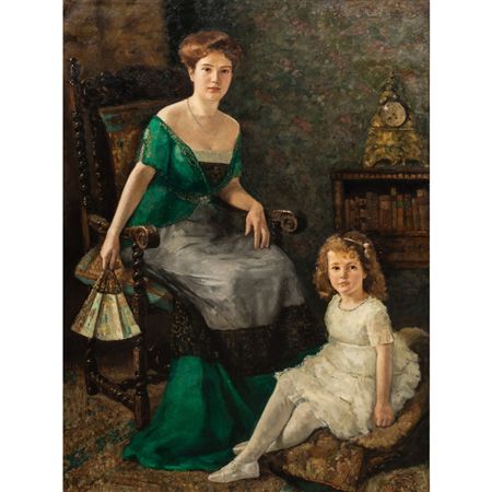 Lady in an Emerald Gown Holding Fan with her Young Daughter in an Interior (Portrait of Ottilie and Henriette Louise Tjaarda)
