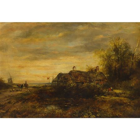Drovers with Cattle by a Thatched Farmhouse and Windmill at Dusk
