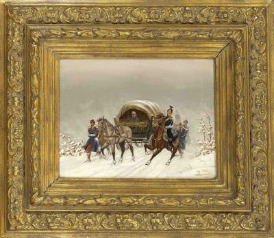 Snowy landscape with dragoon regiment and soldiers hidden in a flatbed wagon