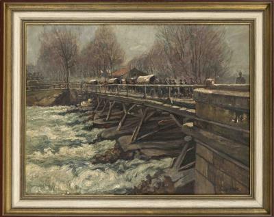 A Platoon of Soldiers with Covered Wagons Crossing a Wooden Bridge by Adolf Obst - Auction record, sale price, and art valuation. Compare with similar artists and explore comparable artworks.