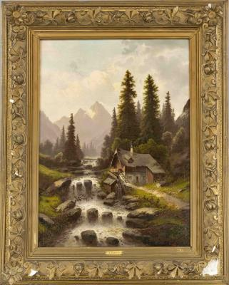 Large Alpine Landscape with Mountain Stream and Hut
