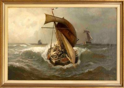Seascape with fishing boats in heavy swells
