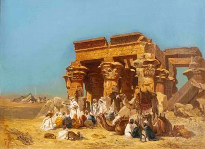 Bedouins resting in front of the Egyptian temple ruins at Kom Ombo