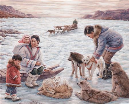 Family with sled dogs
