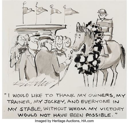I Would Like To Thank My Owners..., New Yorker cartoon by Mischa Richter - Auction record, sale price, and art valuation. Compare with similar artists and explore comparable artworks.