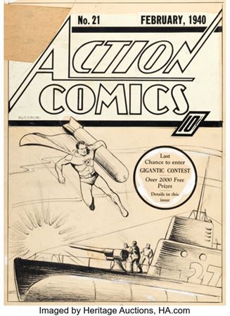Joe Shuster Action Comics #21 Superman Cover Original Art (DC, 1940)....