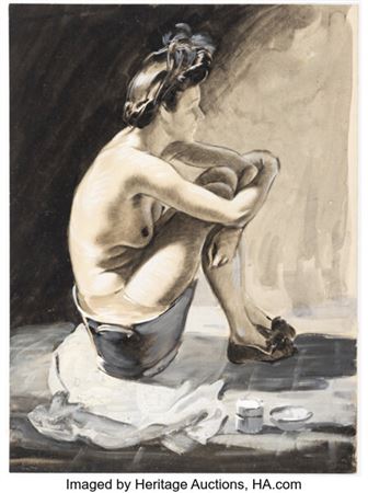Esmé Taking a Washtub Bath Painting Original Art (c. 1940s-50s).