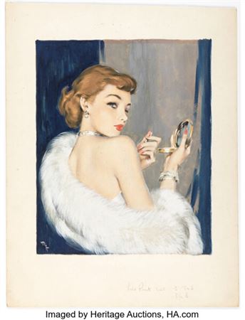 Glamour Girl Applying Lipstick Pin-Up Painting Illustration Original Art (c. 1949).