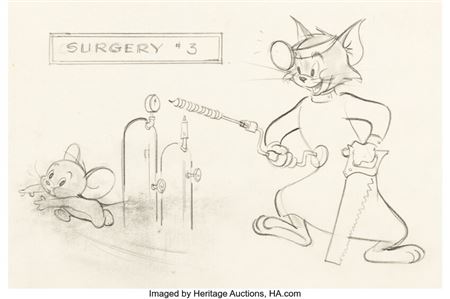 Tom and Jerry "Surgical Benefits" MGM Employee Benefits Manual Preliminary Drawing by Gene Hazelton (MGM, 1940s-50s). ...