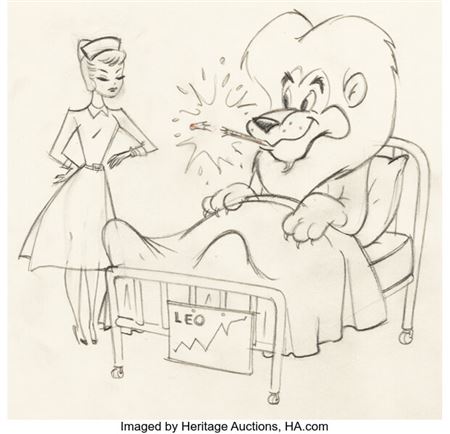 Leo the Lion "Hospital Benefits" MGM Employee Benefits Manual Preliminary Drawing by Gene Hazelton (MGM, 1940s-50s)....