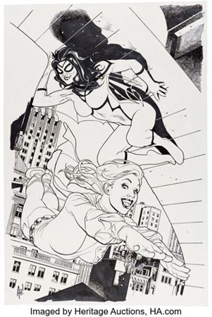 Adam Hughes DC / Marvel: Superman / Spider-Man #1 Supergirl and Spider-Woman Variant Cover Original Art