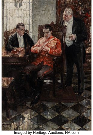 Three men in elegant interior by Samuel Frantz - Auction record, sale price, and art valuation. Compare with similar artists and explore comparable artworks.