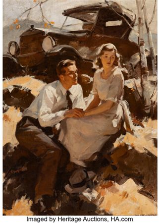 Couple seated on hillside, likely magazine interior